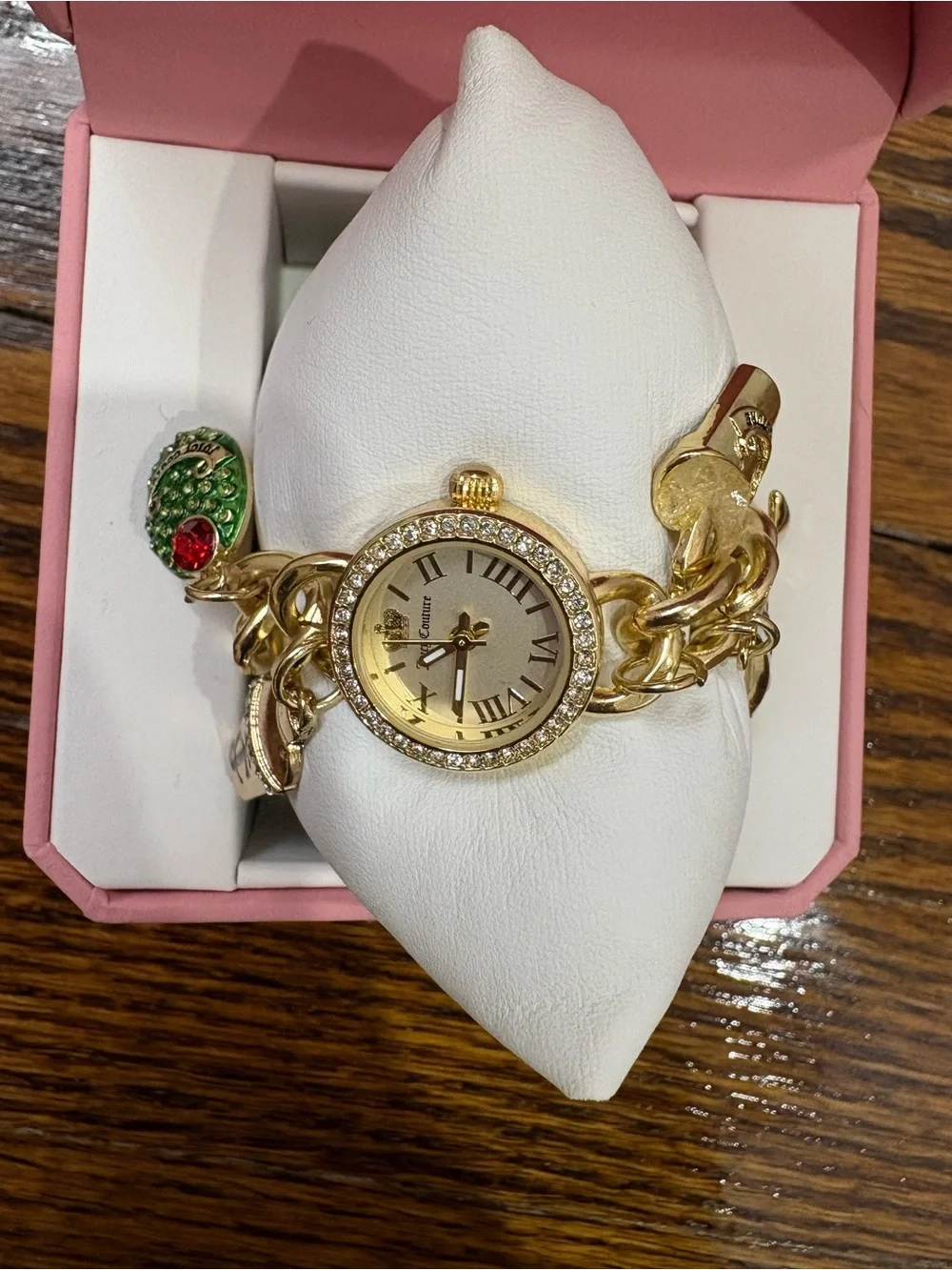 Juicy Couture Gold Tone Charm Bracelet Watch with Green and Red Accent